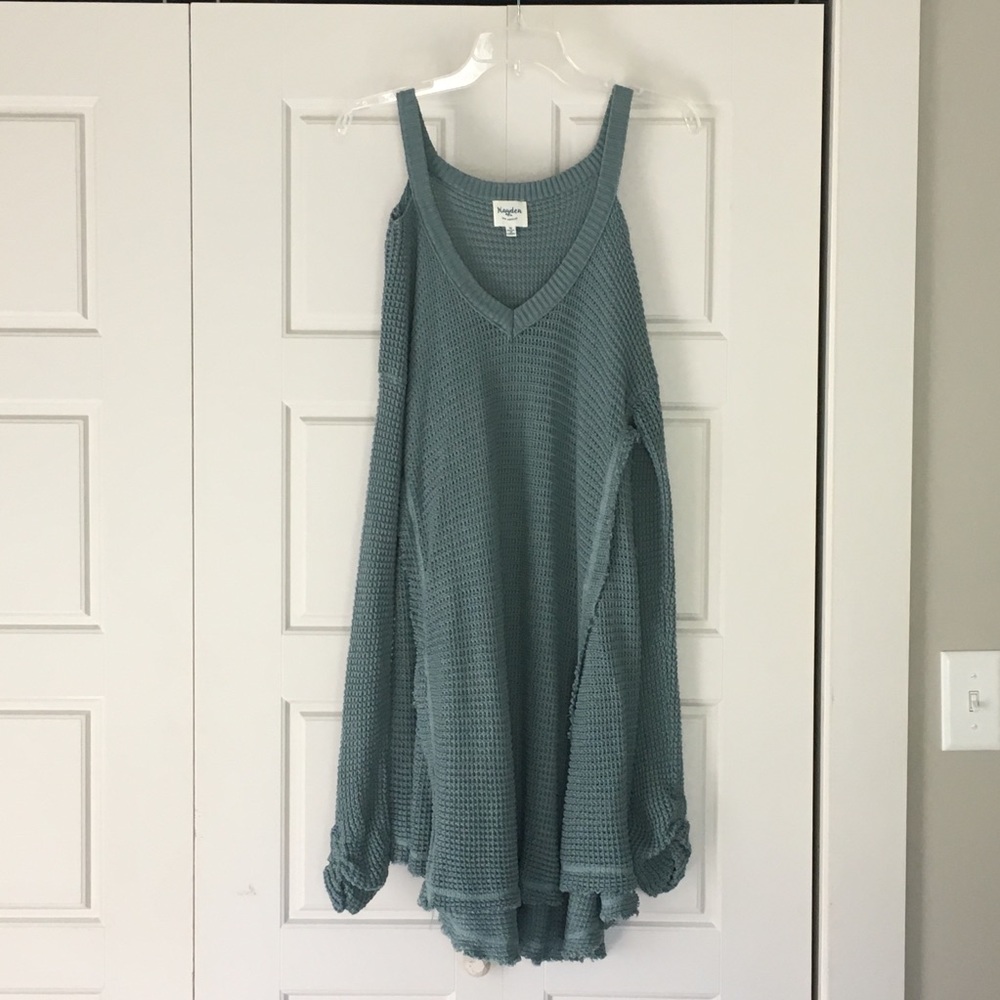 Hayden Teal Cold Shoulder Waffle Knit Tunic